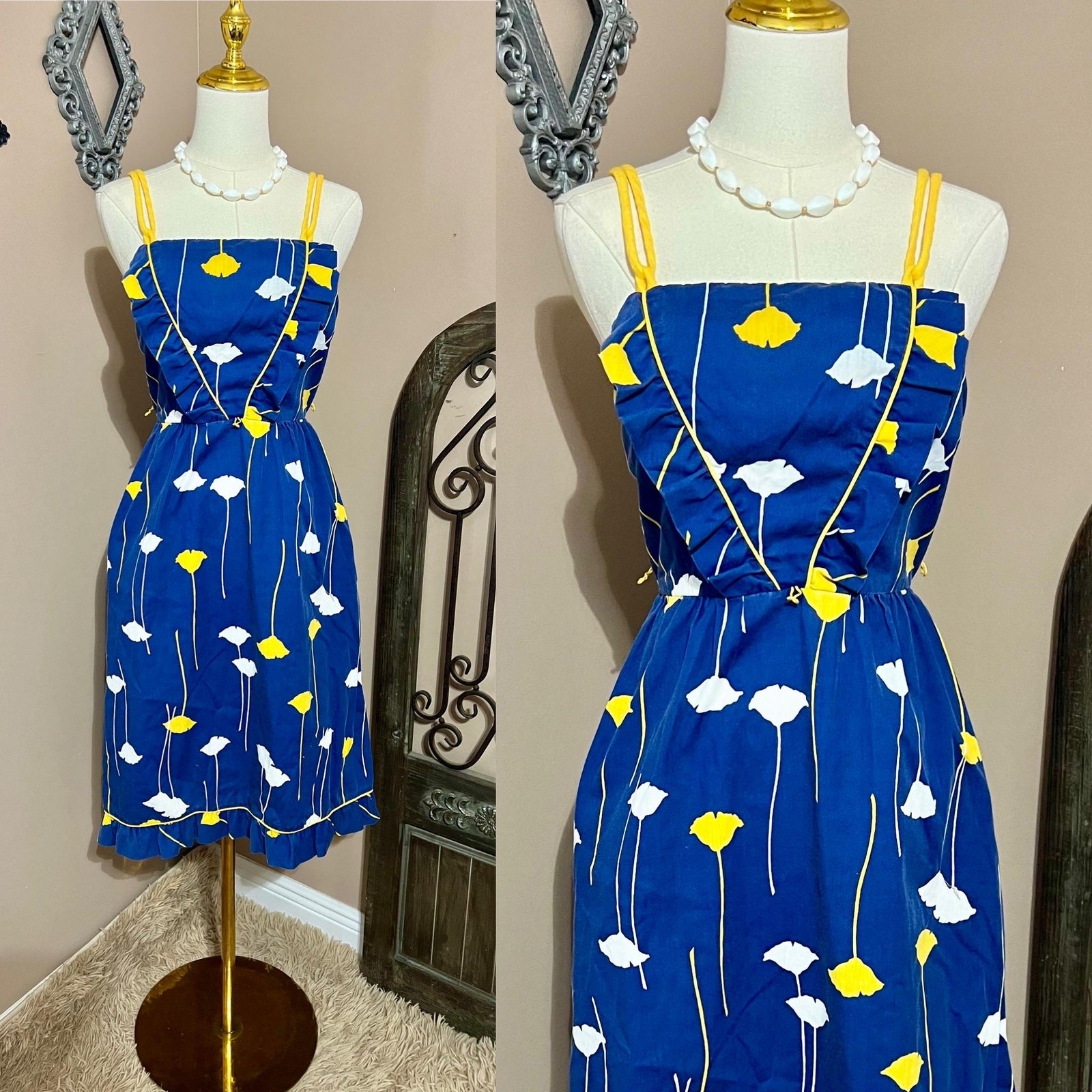 Vintage 70s Blue & Yellow Floral Tank Sundress Retro Mod Size Small