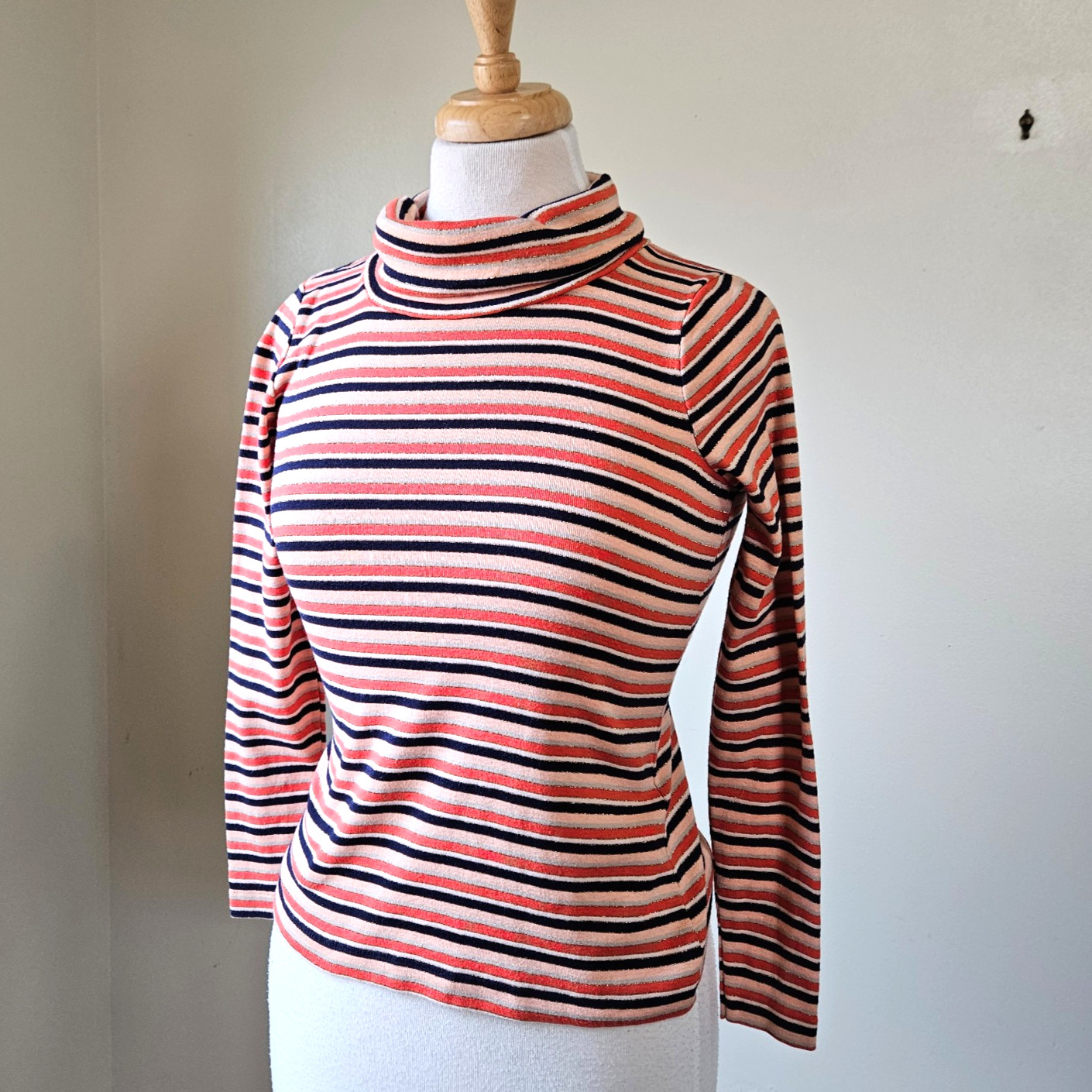 Vintage 70s Designers Originals Orange Navy Metallic Striped Knit Turtleneck Top