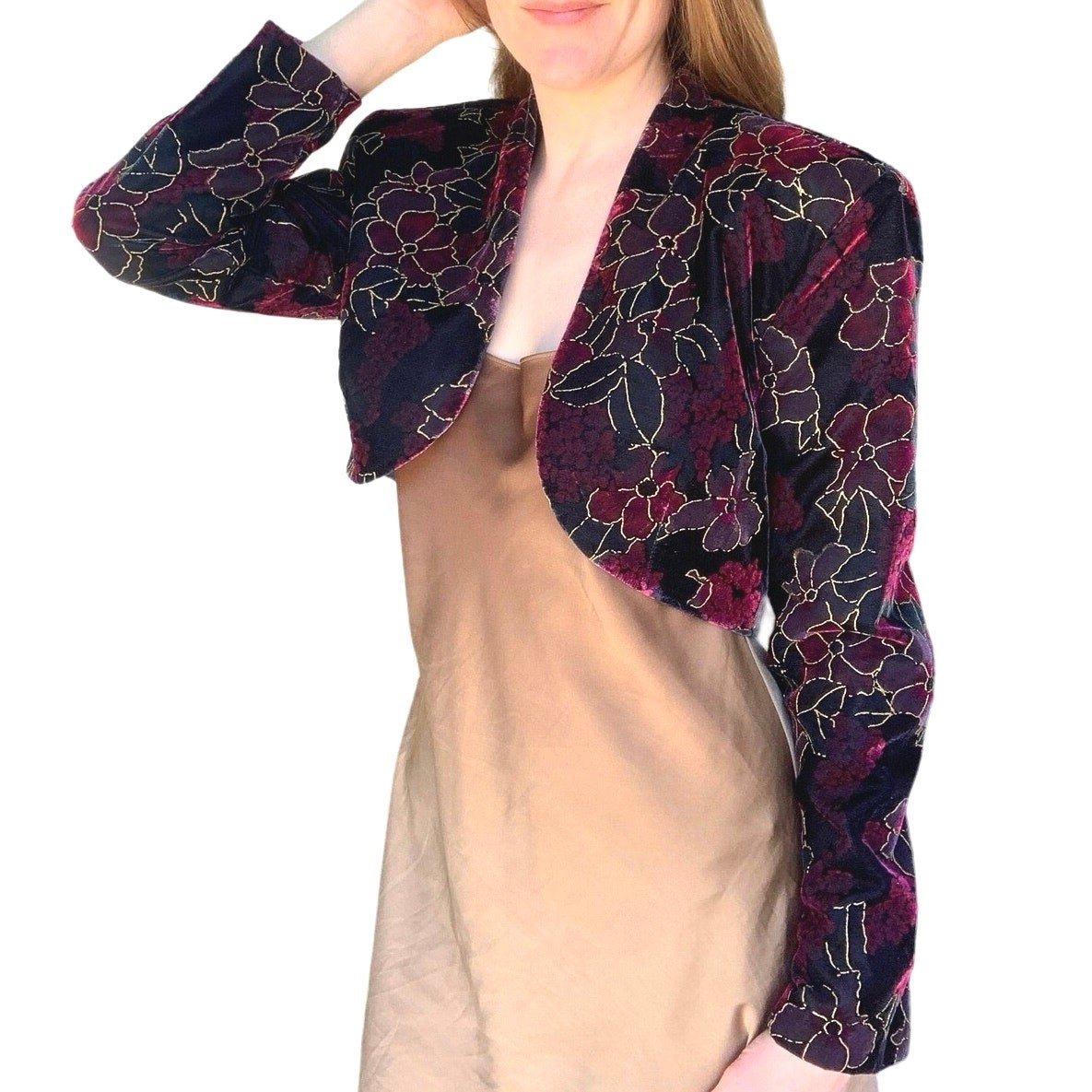 Vintage Velvet Floral CDC Evening Bolero Jacket Womens M 90s Party Cropped