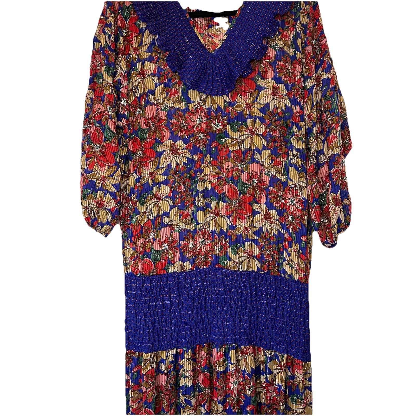Diane Freis Drop Waist Dress XL Vintage Long Maxi Beaded Floral Ruffle Neckline