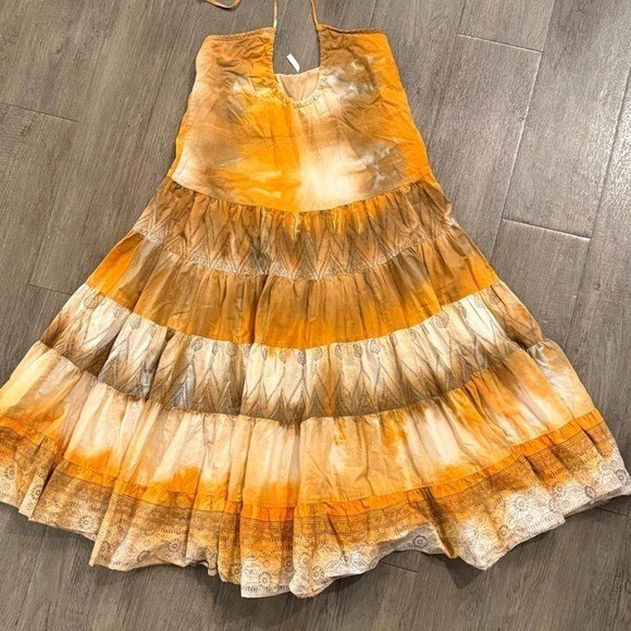 Vintage y2k 2000s Boho Orange yellow tie-dye halter neck tiered dress ruffles