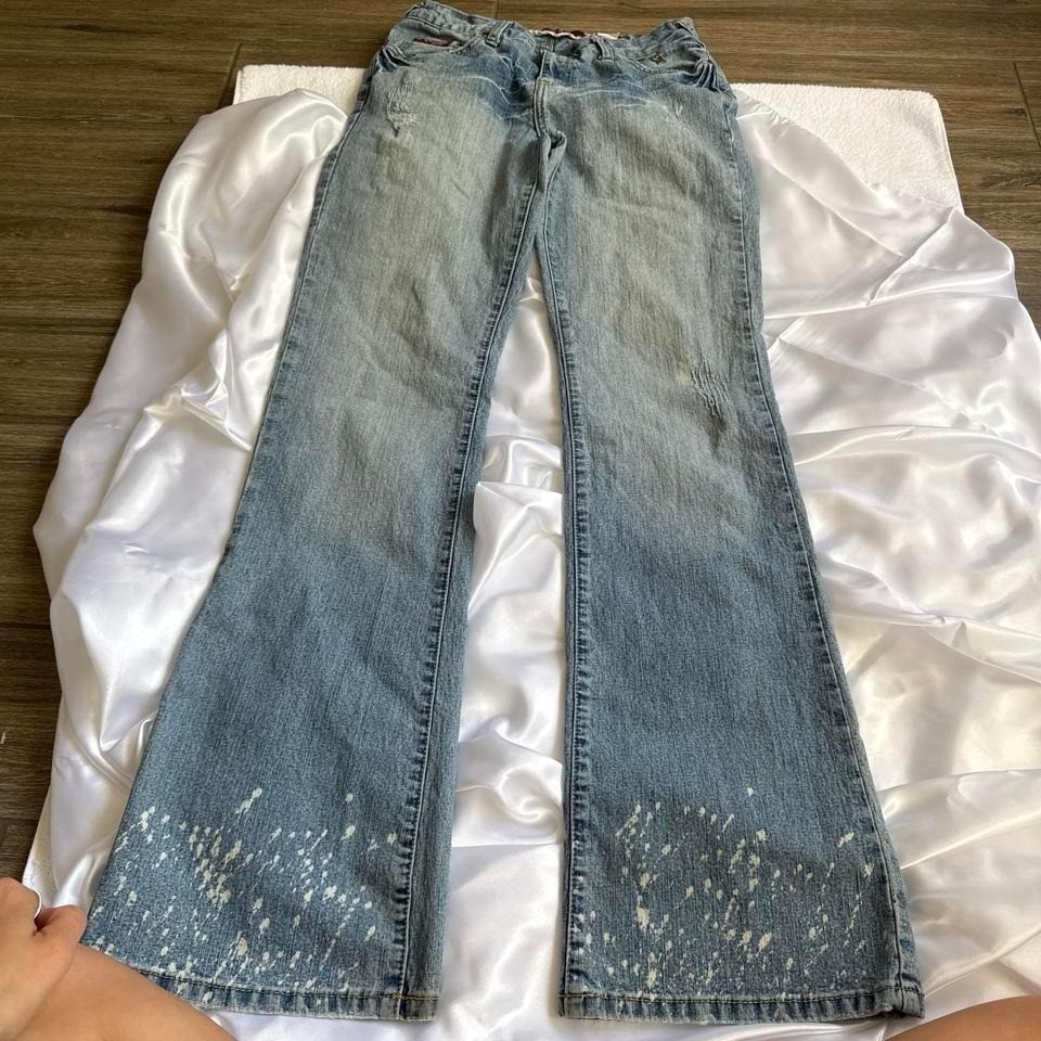 Baby Phat Vintage Y2K Flare Jeans Blue Paint Splatter Cat Logo Denim Size 3