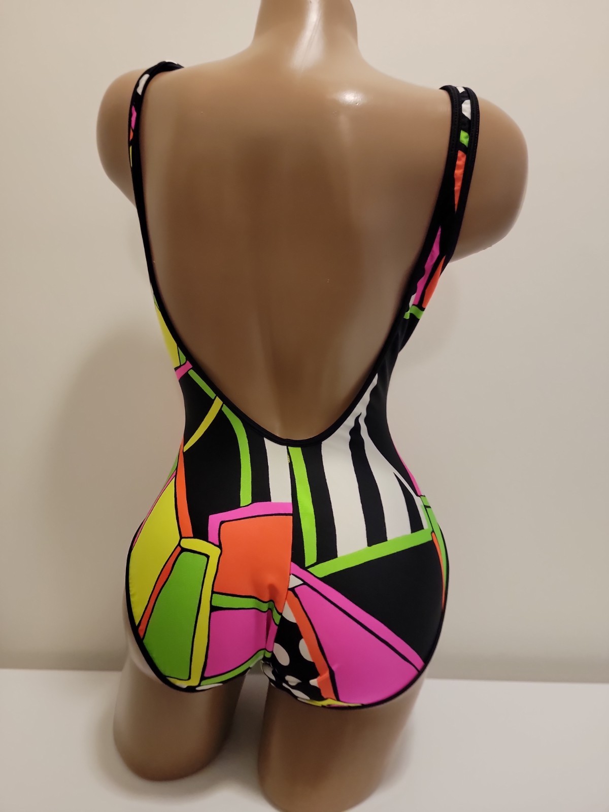 Vintage La Blanca Neon Geometric One Piece Swimsuit Size 10 Zip Front 80s 90s