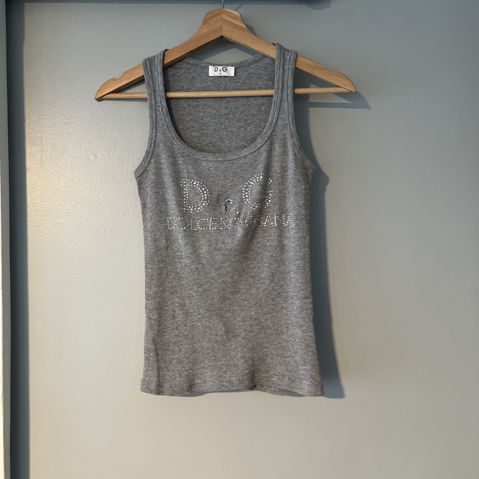 Y2K Dolce & Gabbana D&G Rhinestone Letters Spellout Logo Gray Tank Top Women XL