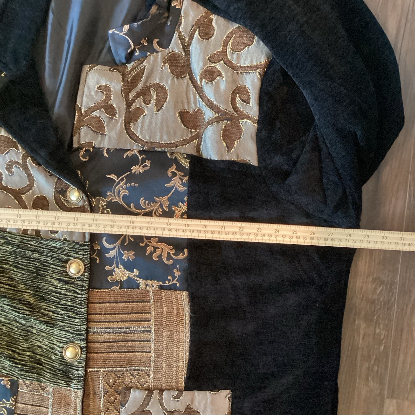 Vtg Maggie Barnes Jacket Retro Patchwork Boho Embroidered Chenille 3X Black Gold