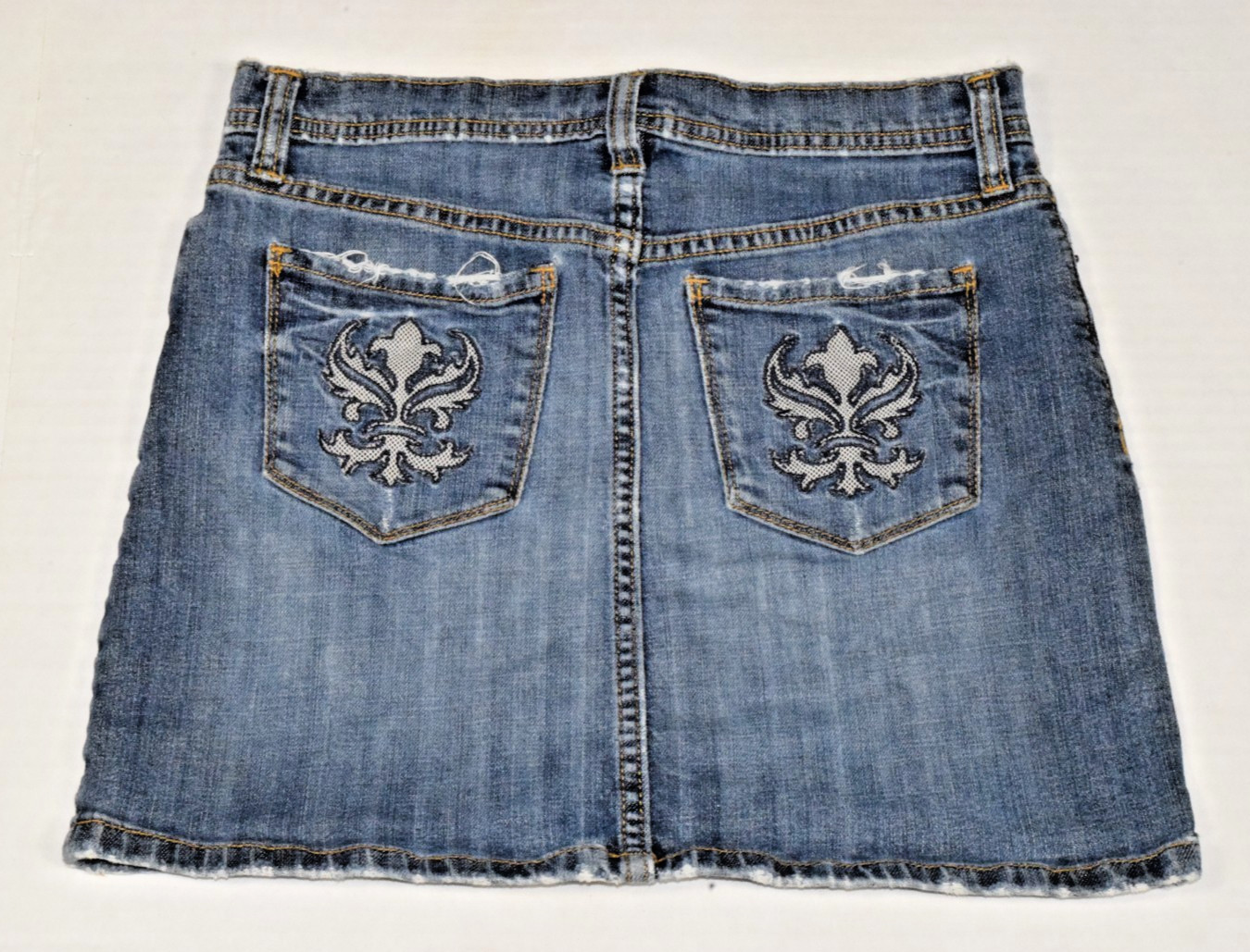 Vintage GAP Denim Mini Skirt Size 0 Y2K Blue Distressed Edges Pocket Embroidery