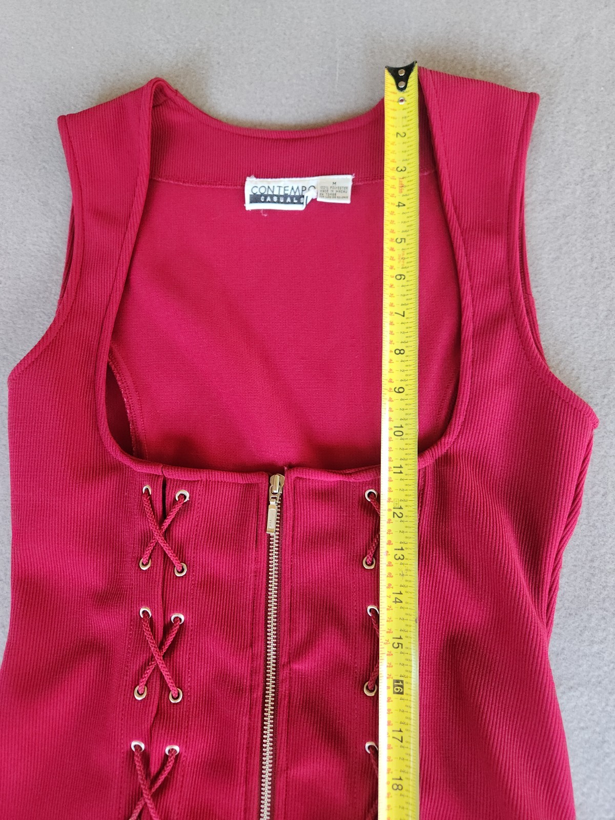 Vtg 90s Contempo Casuals Red Corset Lace Up Zip Front Ribbed Top Vest Womens M
