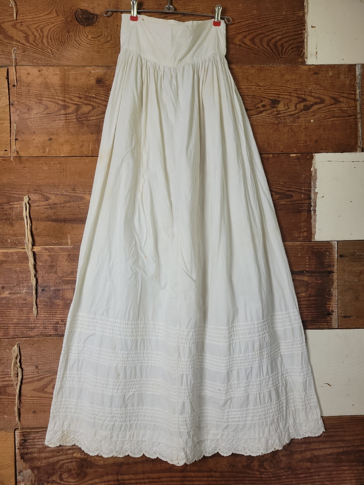 Vintage Antique Tiered Cotton Muslin Slip Skirt Pin Tucks Embroidered Lace