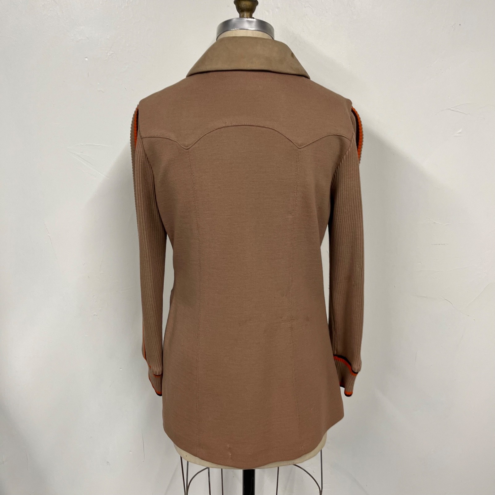 Vintage 1970s Penneys Suede Leather Car Coat Size 12 Brown Rib Knit Wool Medium