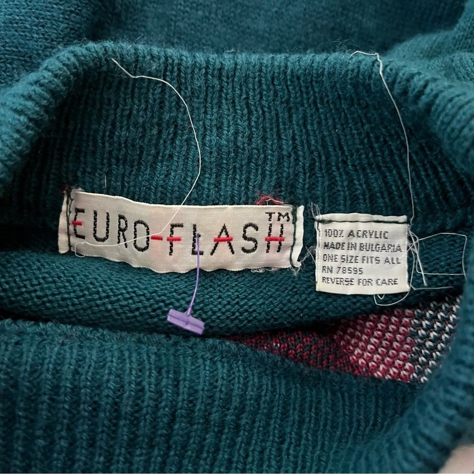 Vtg 80s Euro-Flash Argyle Knit Pullover Sweater Slouchy Mock Neck Dark Teal OS