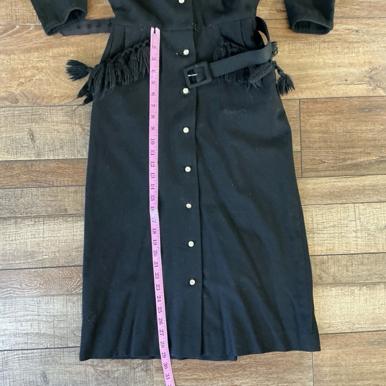 VINTAGE Black Wool Midi Dress Fringe Pockets Belt Button Front Size S/M #8D4