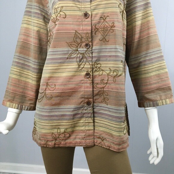 Vintage Koret City Blues Large Brown Silk Shirt Multi Color Striped Blouse