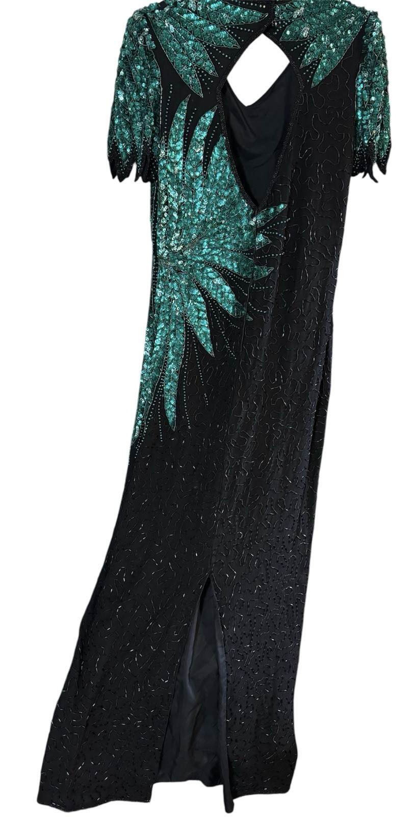 Vintage Carina Women’s Medium Black/green Long 80s Glam 90s Sequin Beaded Dress
