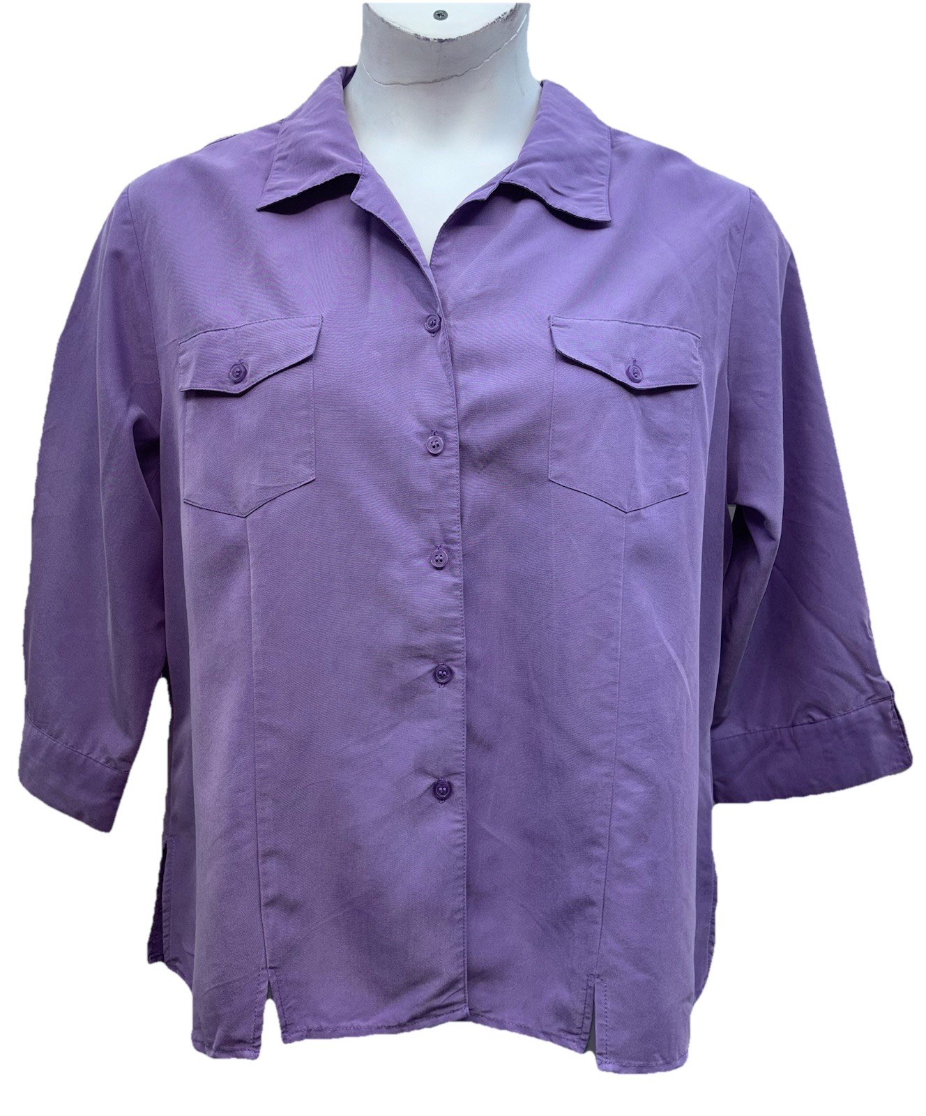 VTG Apparenza Women Size 1X Button Up 3/4 Sleeve Pleated Top Purple Pockets