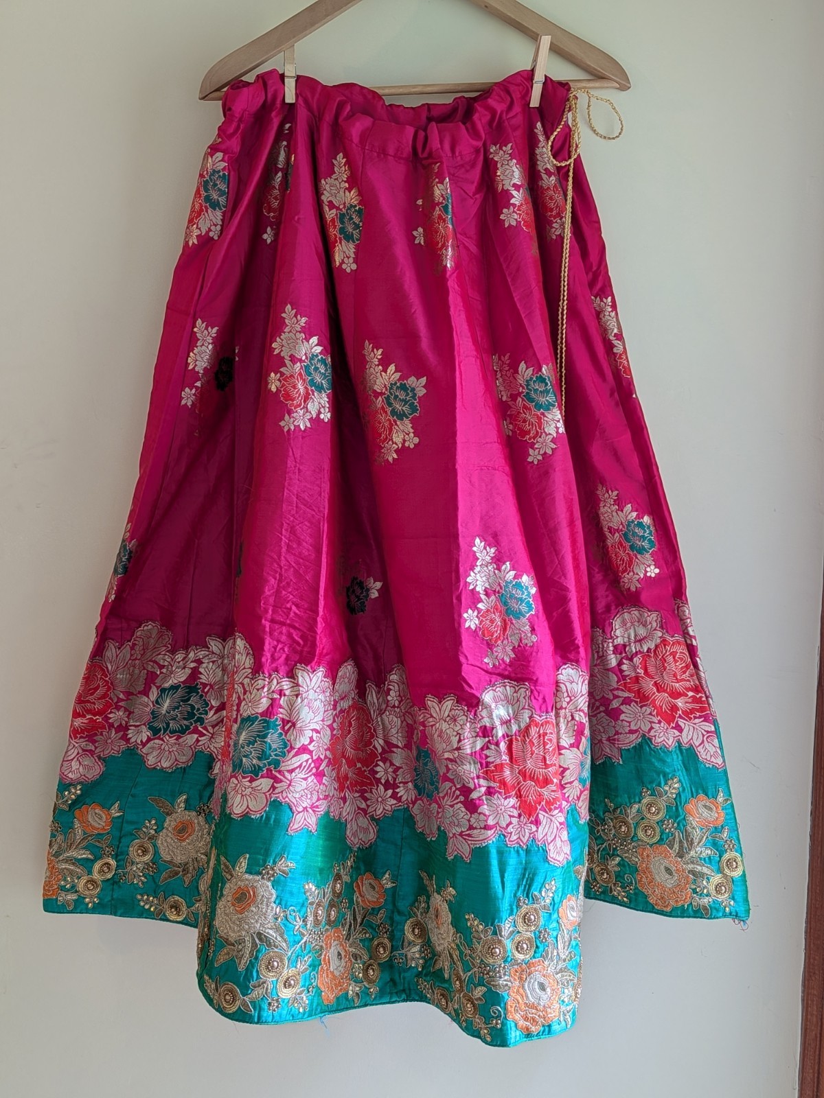 Vintage Indian Gota Patti Lehenga Skirt Pink Green Gold Embroidered Maxi Skirt