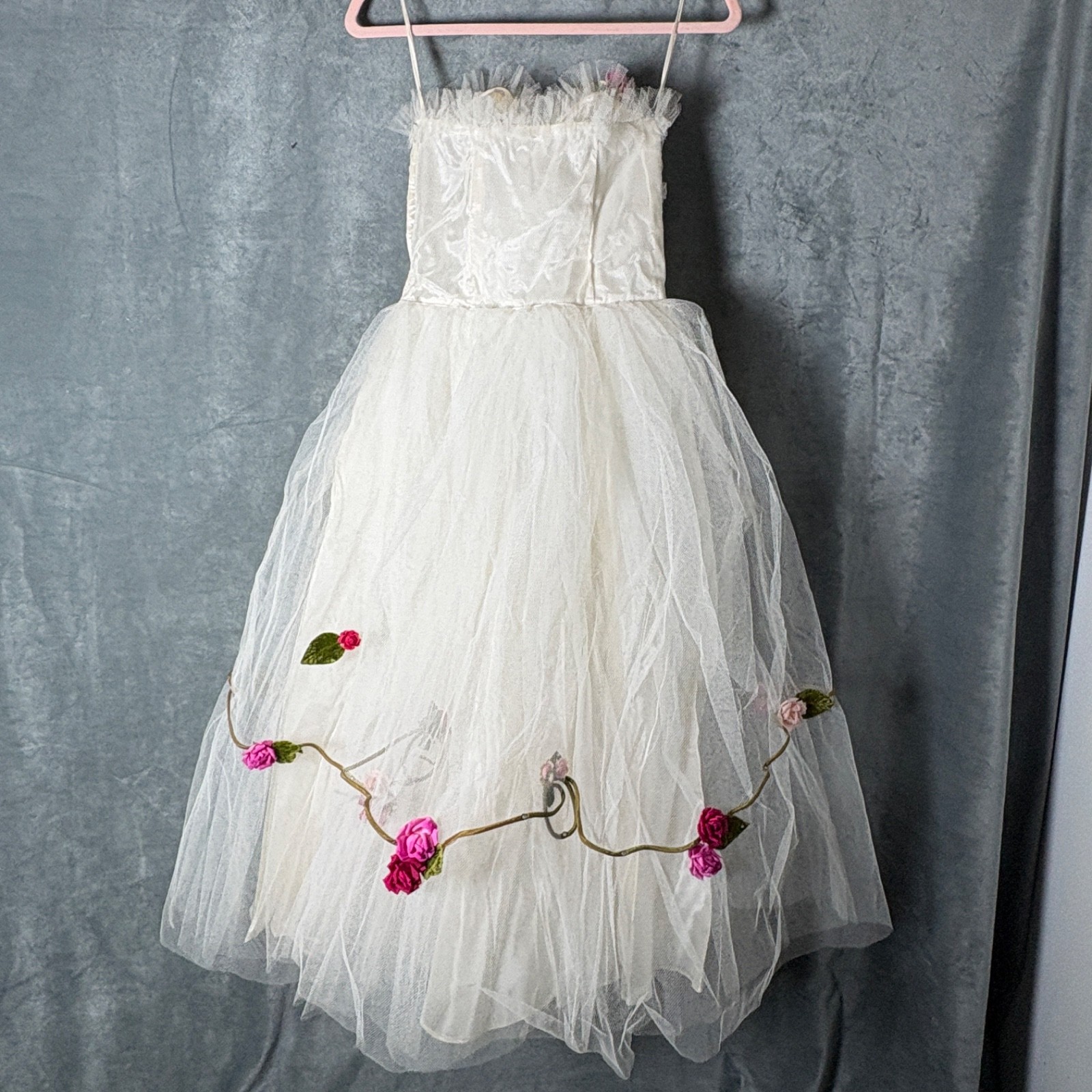Vtg 1950s White Strapless Tulle Cupcake Wedding Party Dress Boning Roses XS S