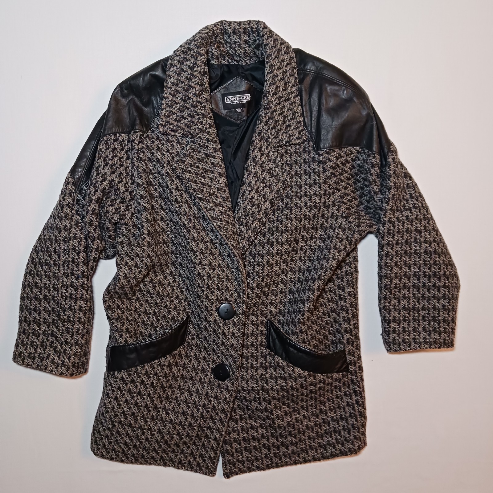 Vintage 80s Anne-Gee Womens Wool Leather Coat Large 11/12 Brown Tweed