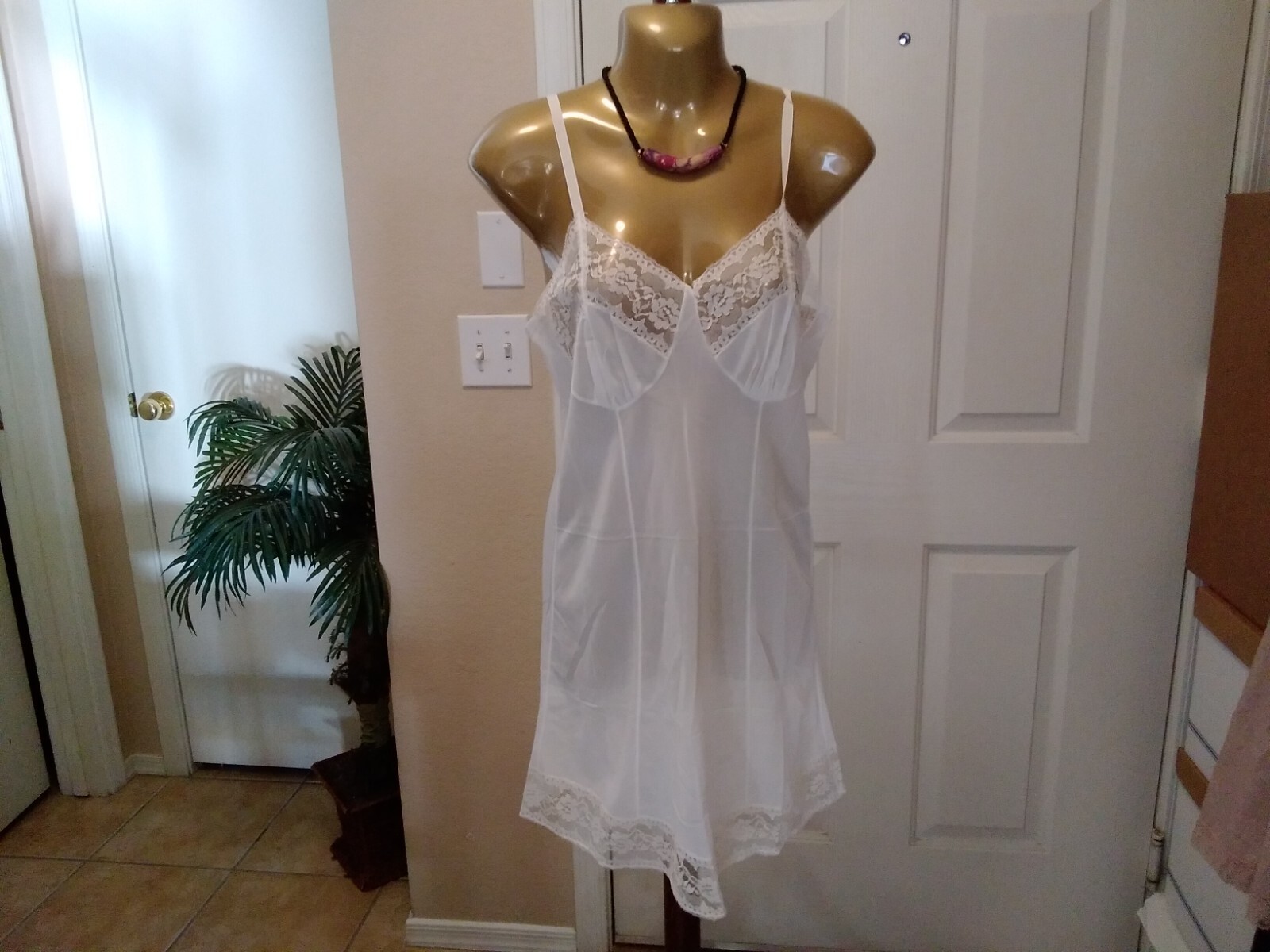 Womans Vintage Full Slip Dress Chemise European SZ Small White w/Lace Trim