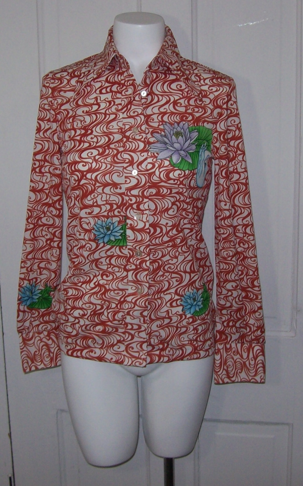 Vintage Womens 1970s Pointed Collar Long Sleeve, FROGS, SWAN, LILLY PADS
