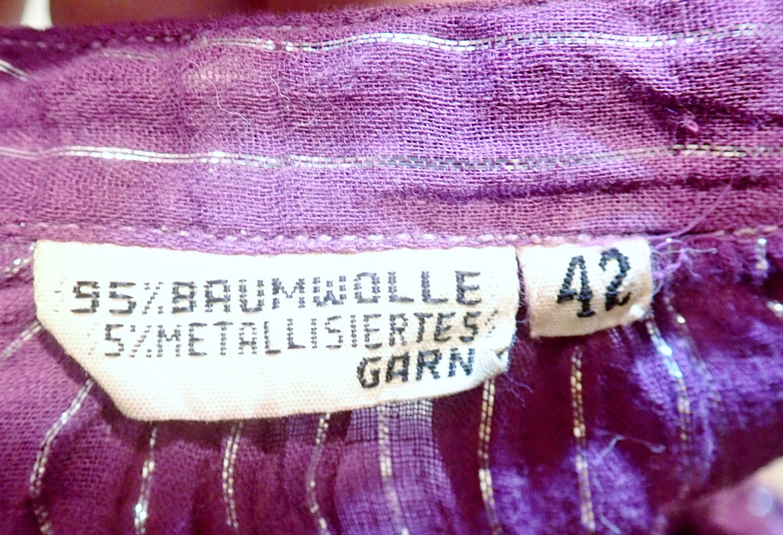 Vtg 70s Indian Cotton Gauze Blouse Purple Silver Metallic Lurex Boho Peasant Top