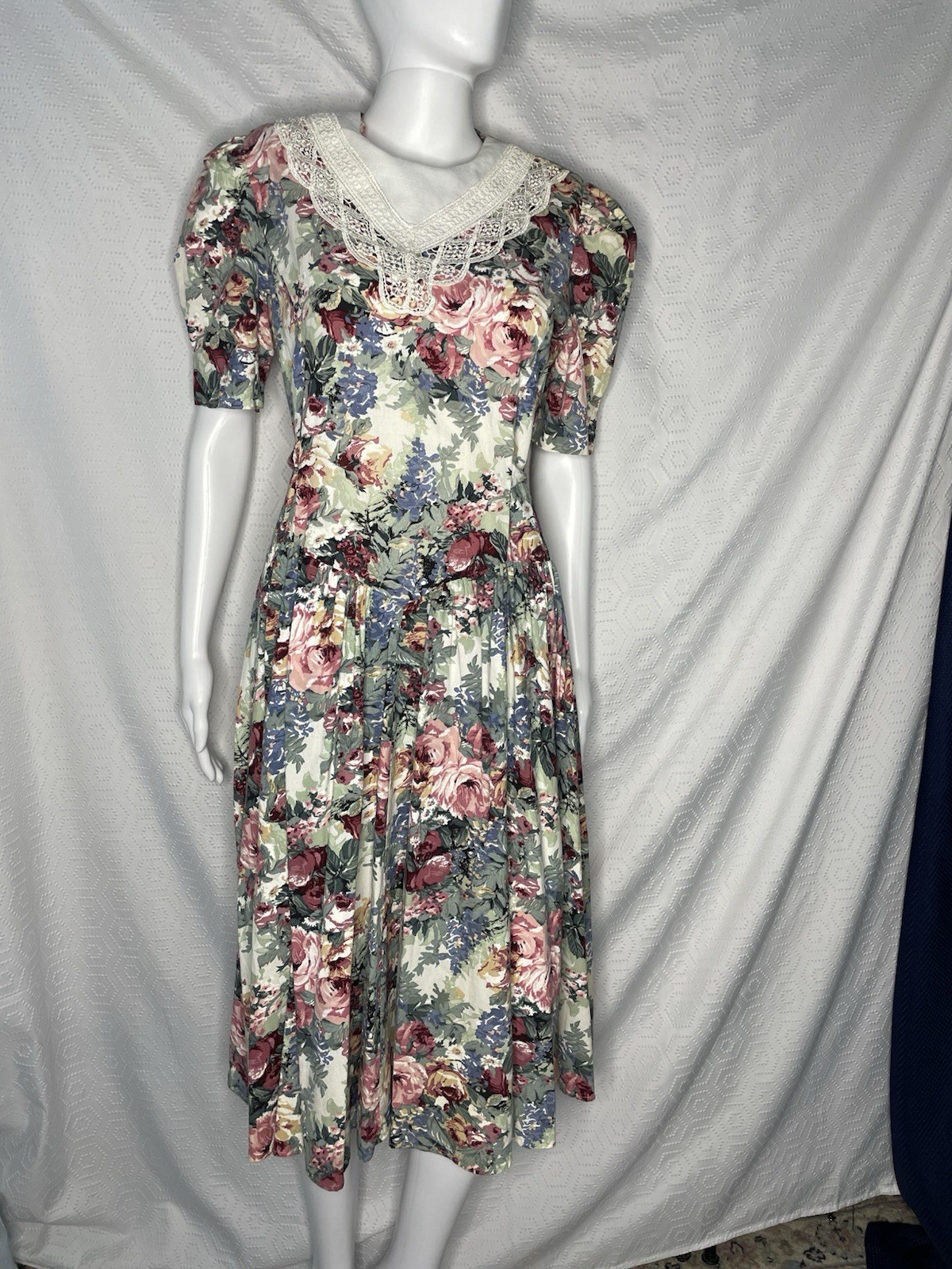 80’s Brandywine Creek Pastel Floral Prairie Dress Granny Lace Collar 9/10 Midi