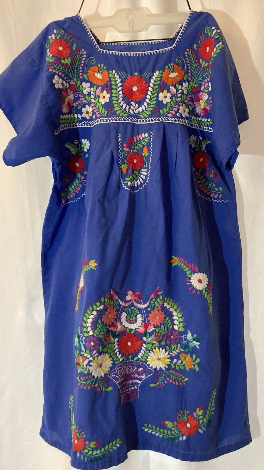 Vintage Mexican Peasant Dress Blue Hand Embroidered Floral Boho Huipil M/L 36″