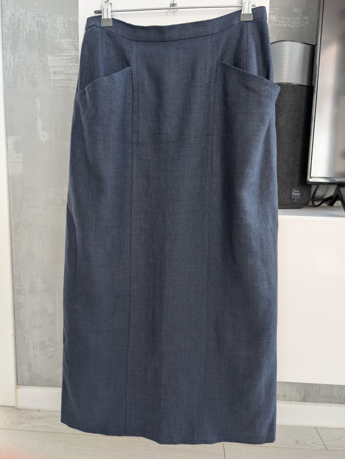 Chanel CC Button Front 98C Linen Wool Navy Blue Straight Pencil Midi Skirt 42 S