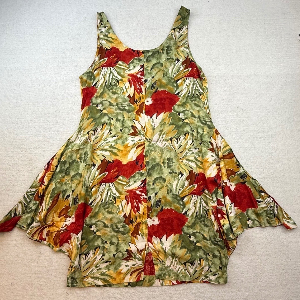 VTG La Belle Dress Floral Sleeveless Handkerchief Hem L USA 90s unique boho