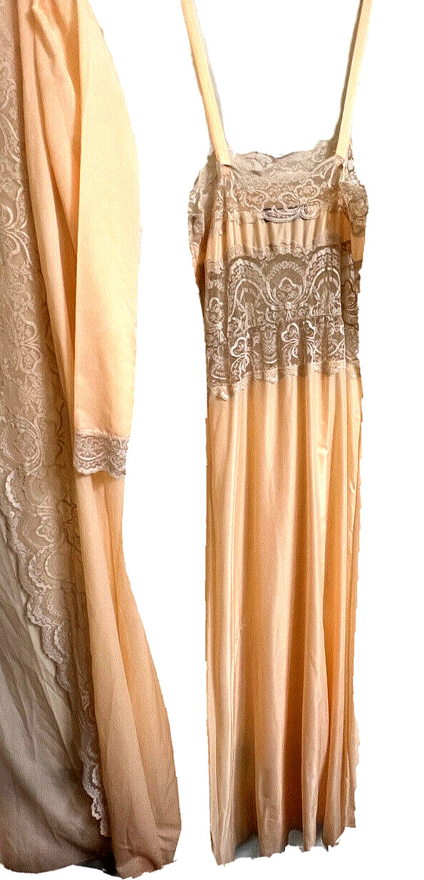 Sheer Madness Peach Satin Lacy Long Nightgown Matching Robe Set P / Petite VTG