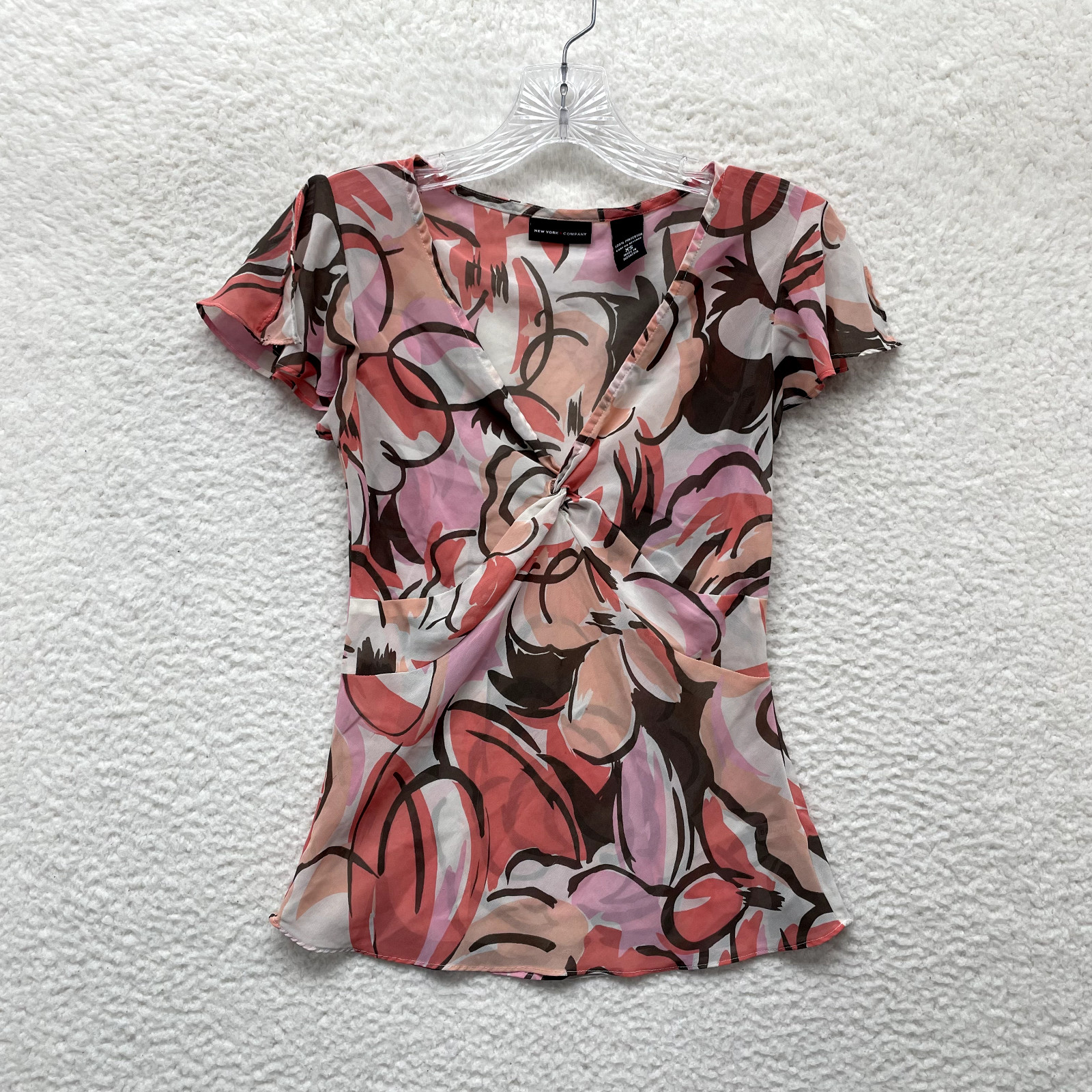Y2K Vintage Mesh Top XS Pink Abstract Floral Pattern Corpcore Office Chiffon