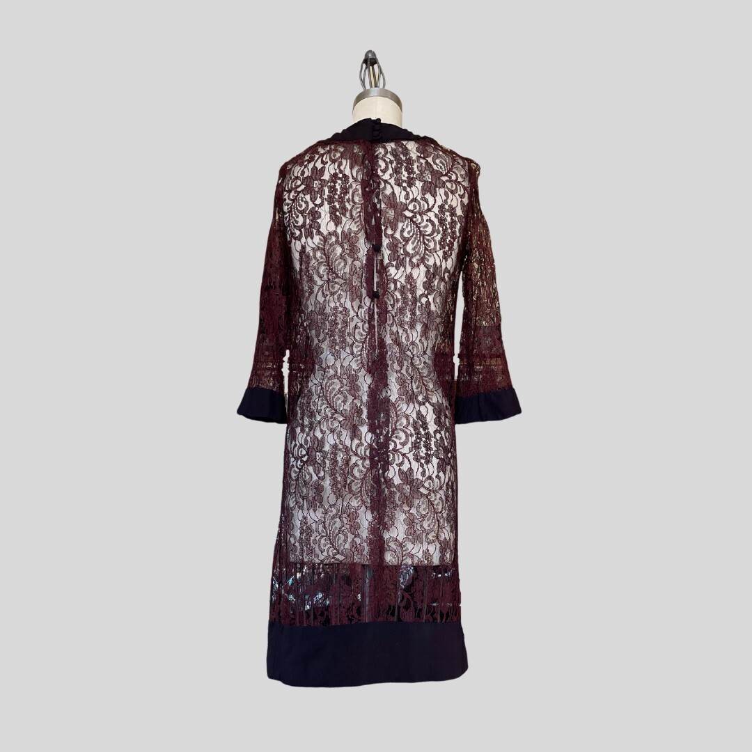 Vintage 60s Sheer Lace Shift Dress Burgundy Black Mod