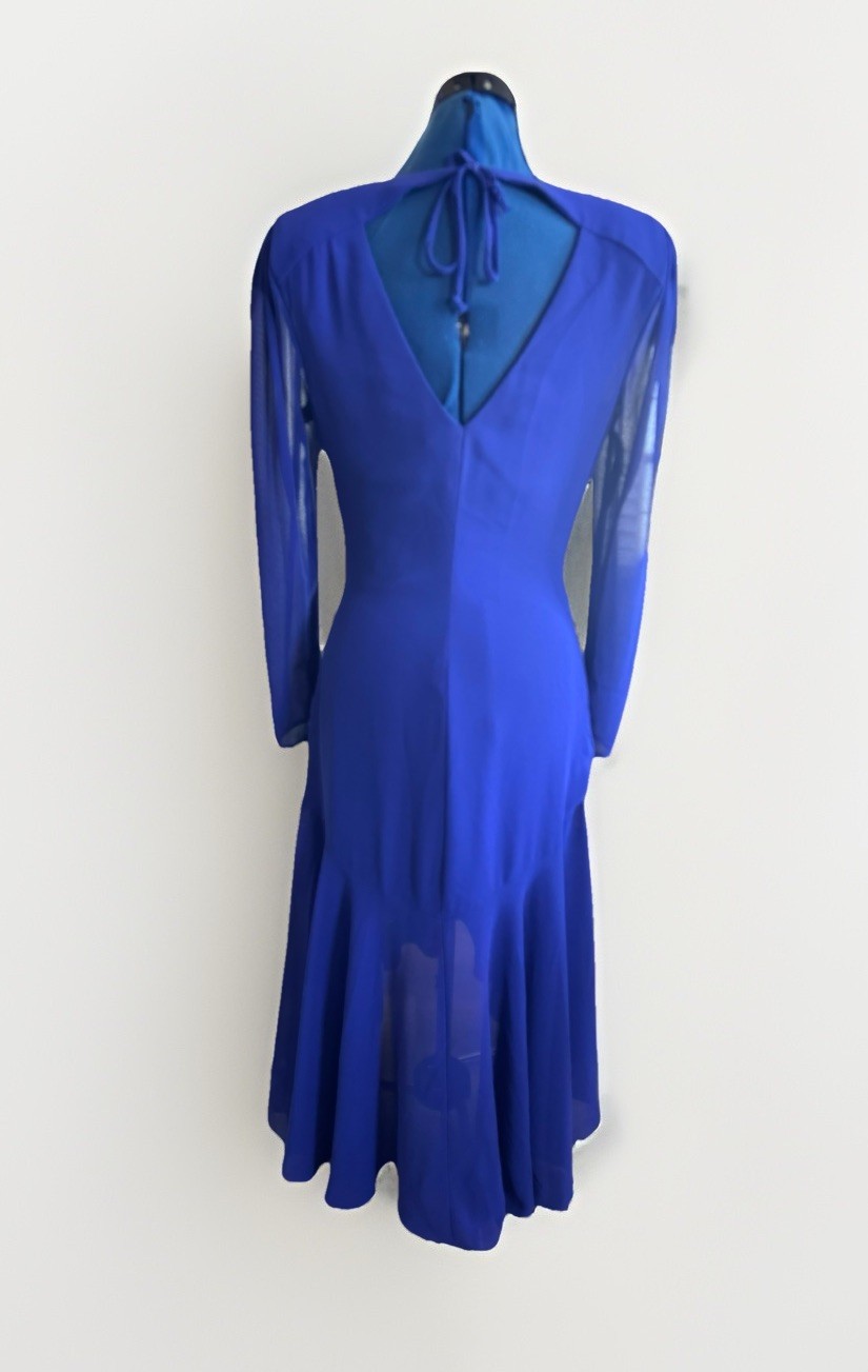 Vintage 80s Casadei Blue Long Sleeve Beaded Sequin Waist Fit Flair Midi Dress 10
