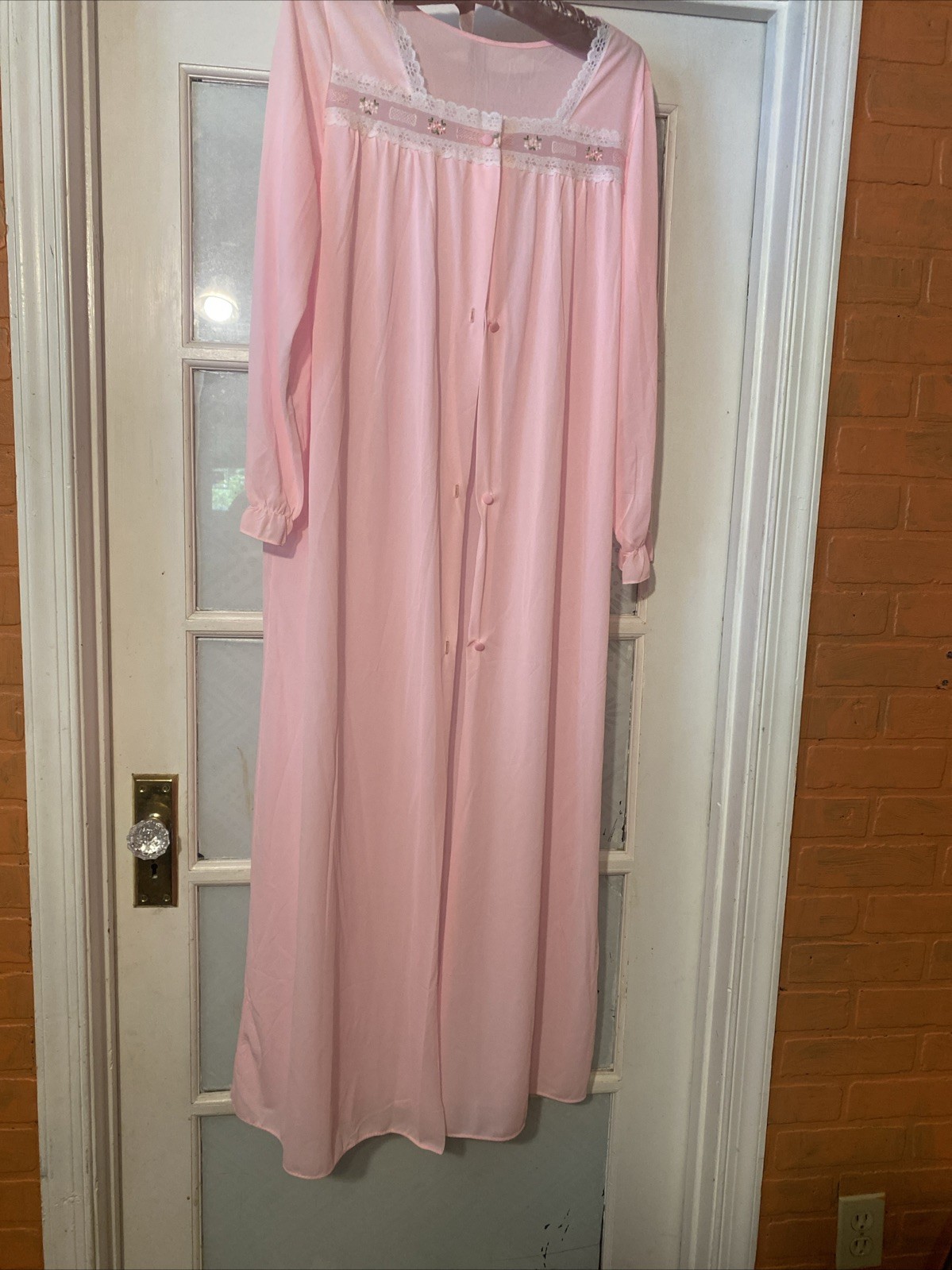 Vintage Pink Night Gown Robe Lace Embroidery Nylon Med