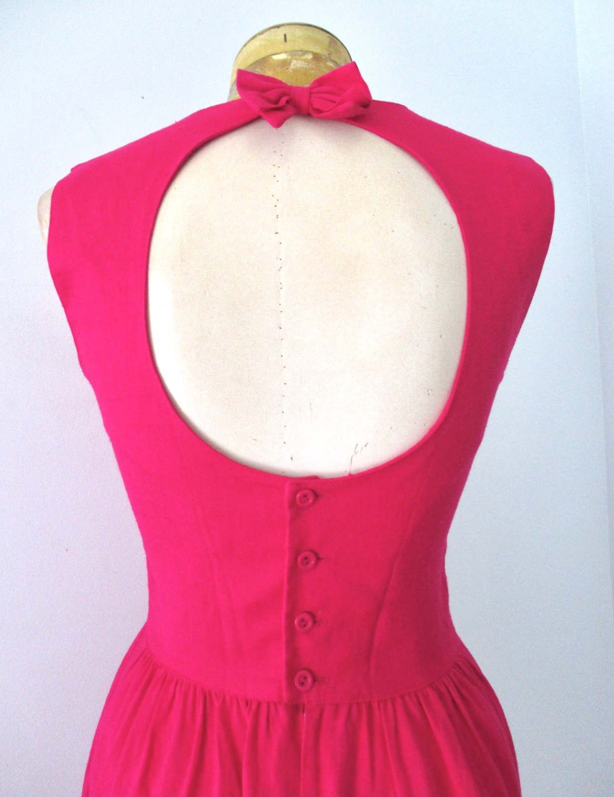 Vtg 80s Lanz Hot Fuchsia Pink Drop Waist Tea Dress Back Cutout Bow Pockets 6