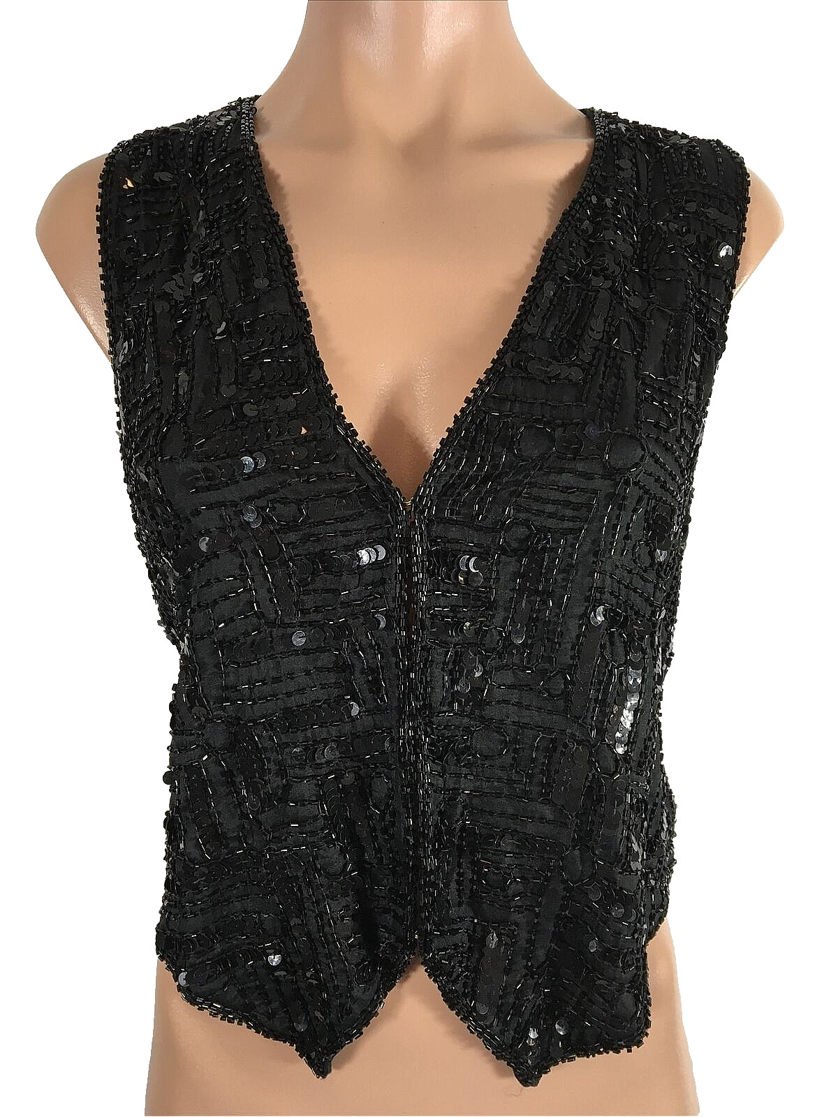 Vintage NWT Crop 80s 90s y2k Rachna Black Silk Sequined Beaded Vest sz Small
