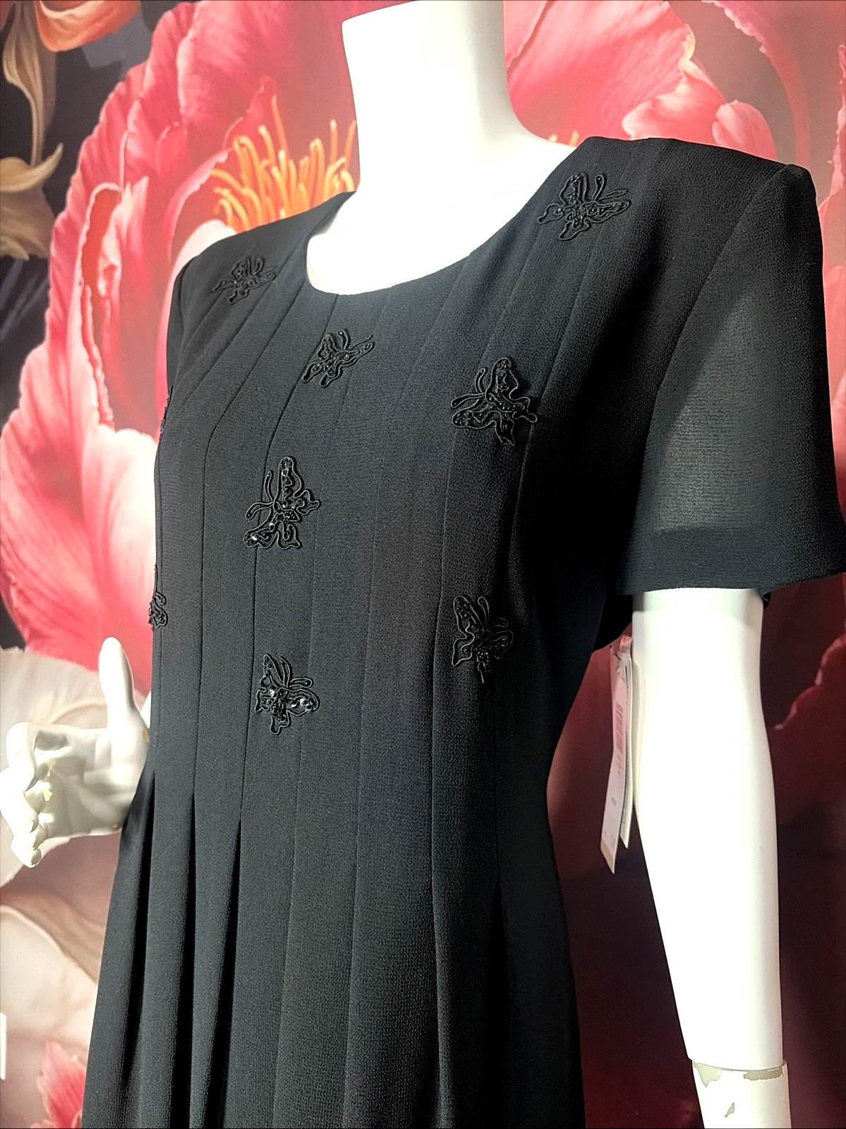 VTG Jessica Howard Black Maxi Dress Sz 14 Beaded Butterfly Pleated NWT