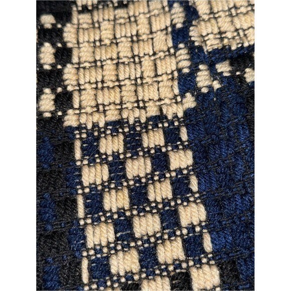 VINTAGE Handmade Korean Textured Weave Coat Navy Blue Cream Plaid A-Line | Sz M