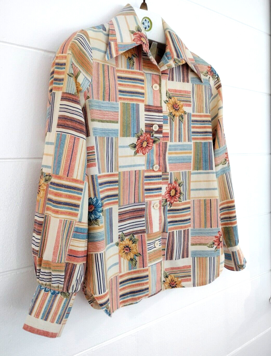 Vtg 70’s Western Patchwork Dagger Collar Plaid Button-Up Retro Mod Blouse Sz S