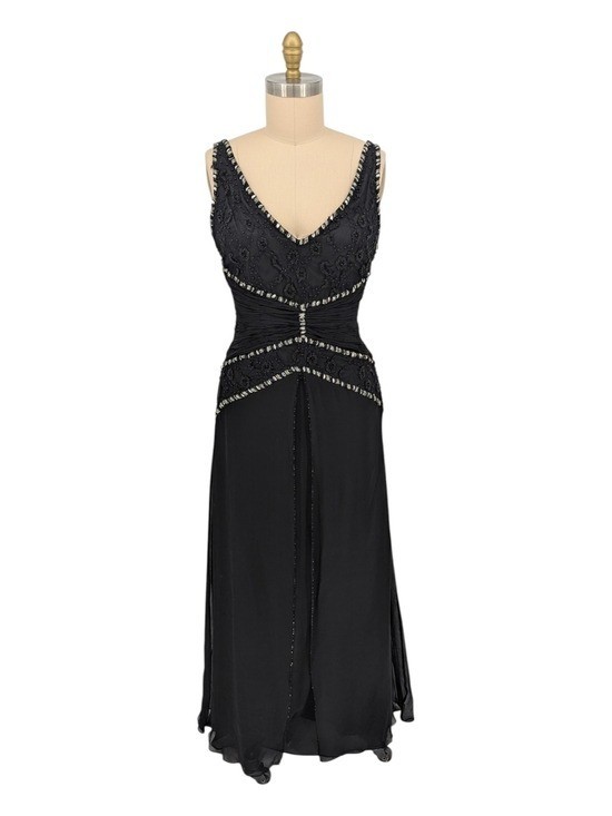 00597 Vintage Aspeed Beaded Silk Dress Black size XLarge glam formal wedding