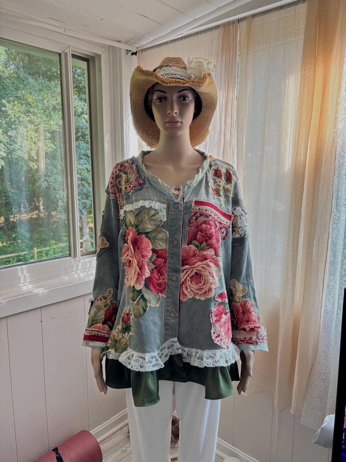 Upcycled Handmade OOAK Floral Jacket with red and pink rose Appliques