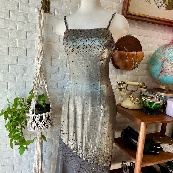 Vintage 1990s Y2K Cache Olive Satin and Chiffon Asymmetrical Hem Beaded Gown