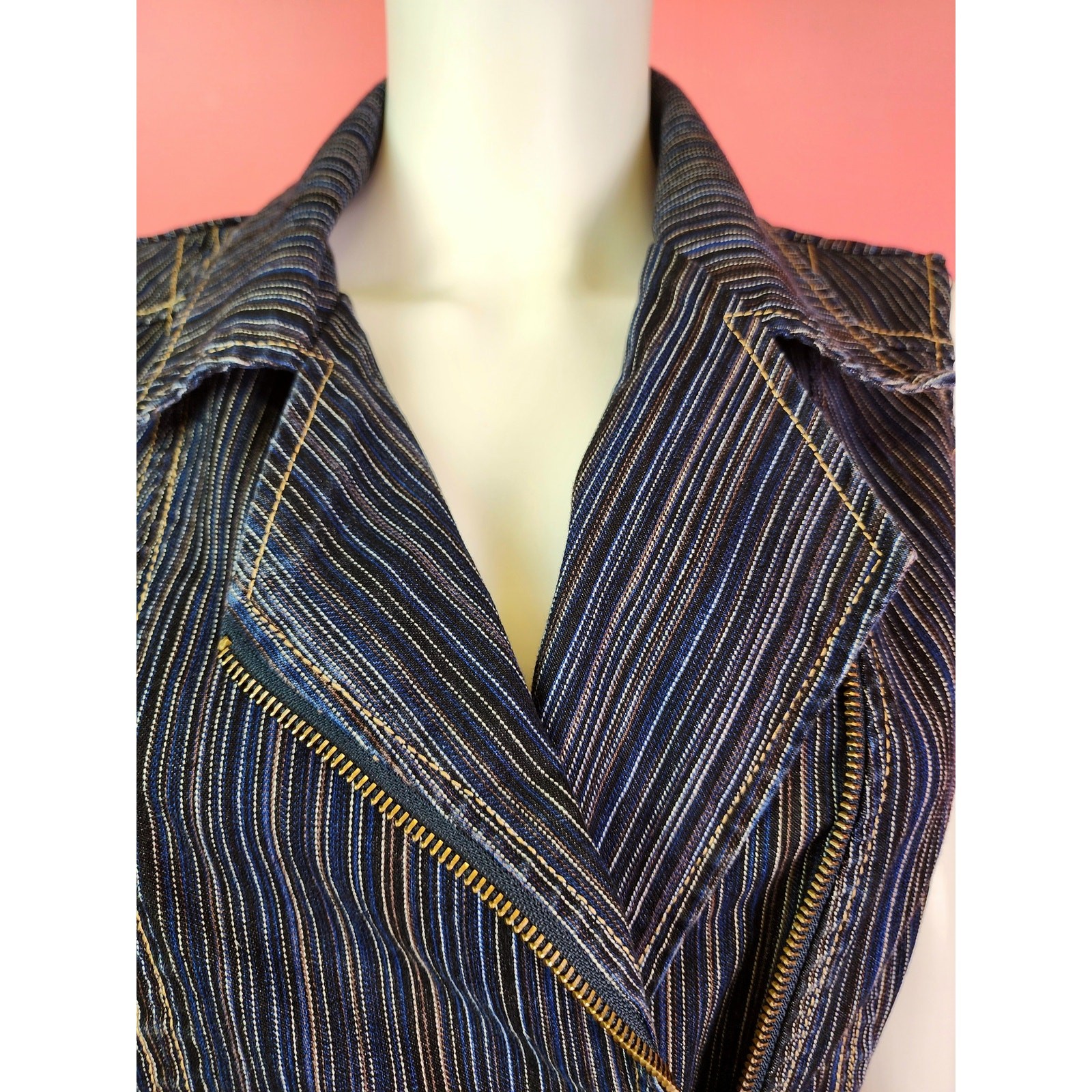 Vintage 90’s Y2K Dark Blue and Black Denim Pinstripe Zip-Up Moto Vest