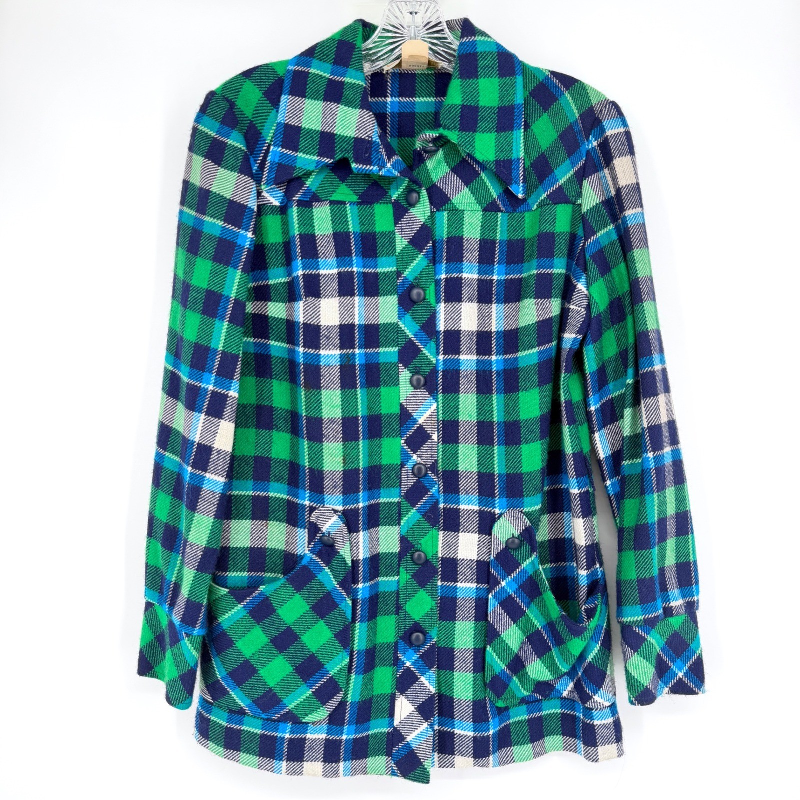 Vintage Plaid Jacket Green Blue Orlon Acrylic Button Front Pockets Size 11/12