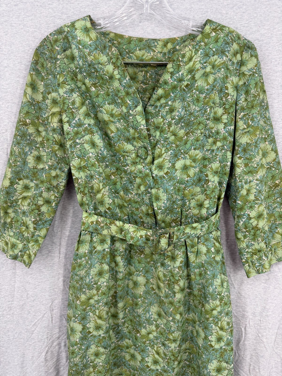 True Vintage 50s Floral Belted Blouson Dress Housewife Chic Green Brown