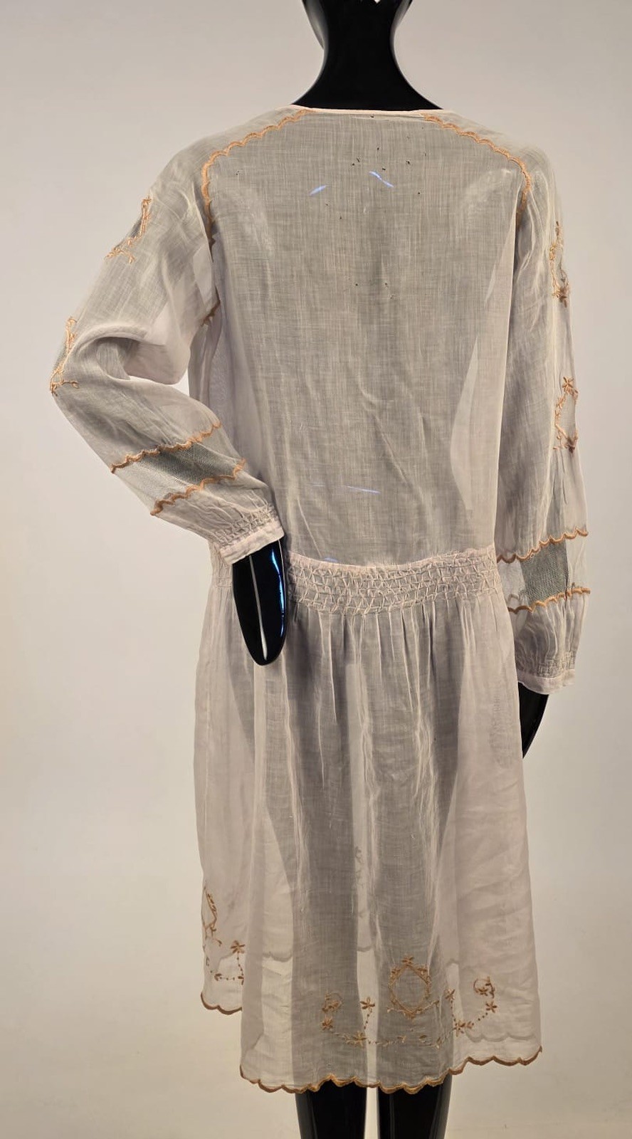 SWEET FLAPPER 1920’S SHEER MUSLIN DRESS W HAND EMBROIDERY + DIAMOND CUTOUTS