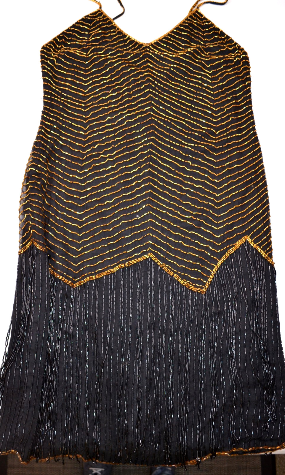Vanna White Original Silk Bead Tube Dress Womens M w/ Shawl Black & Gold
