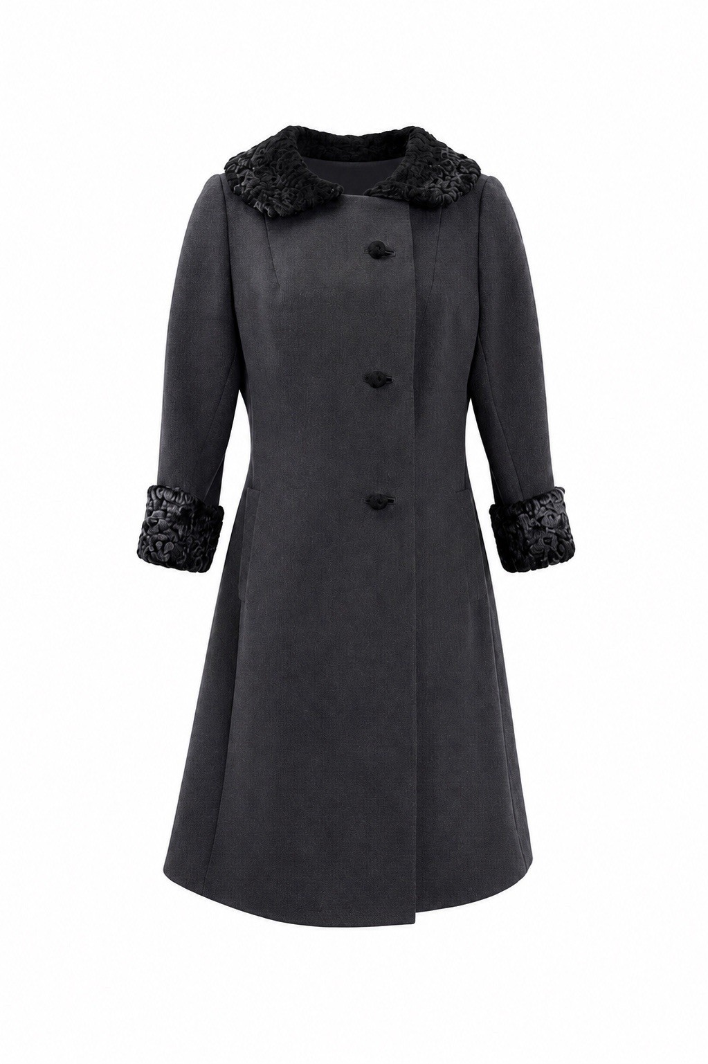 Vintage 1970’s Gray Wool Fitted Double Breasted Coat Genuine Persian Lamb Fur