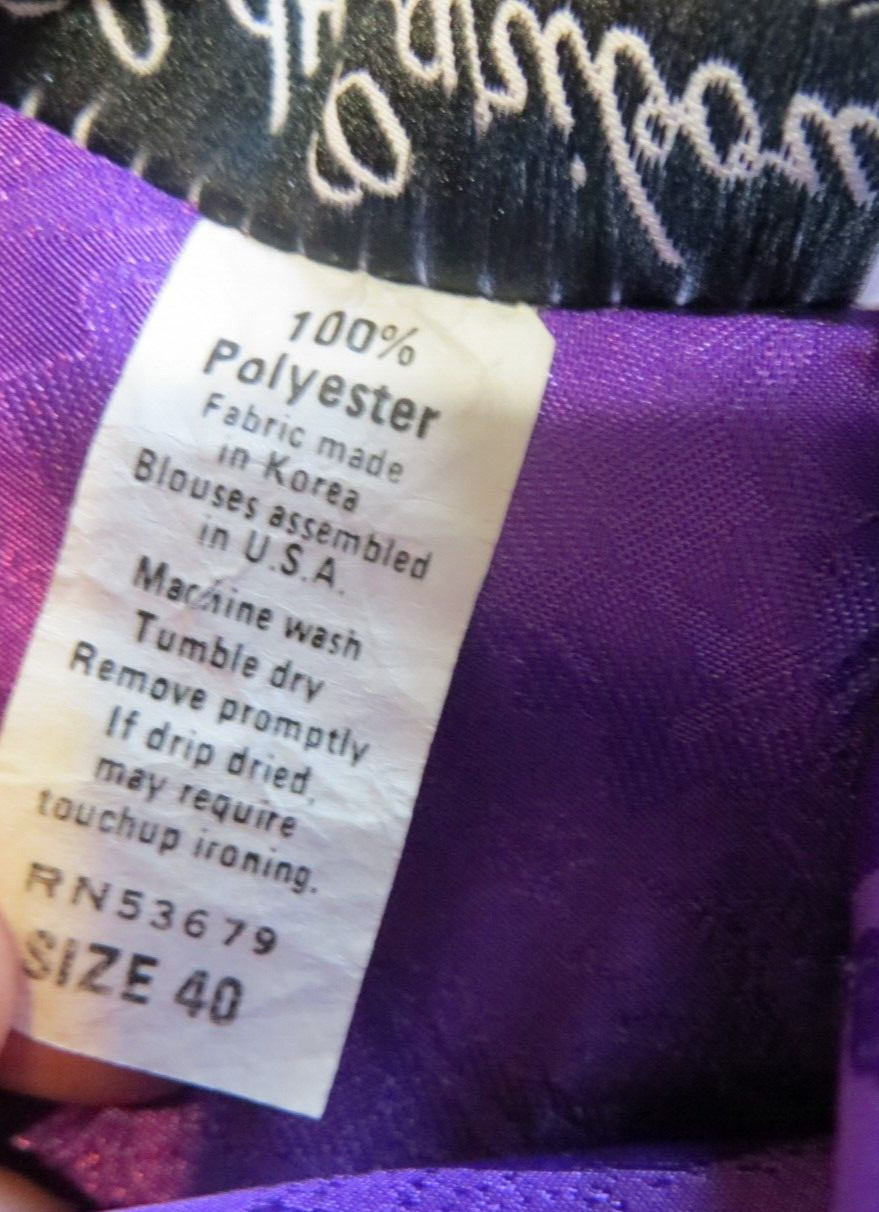 Vintage Lady Caribou Blouse Shirt Women Size 40 XL Button Up Shiny Purple Floral