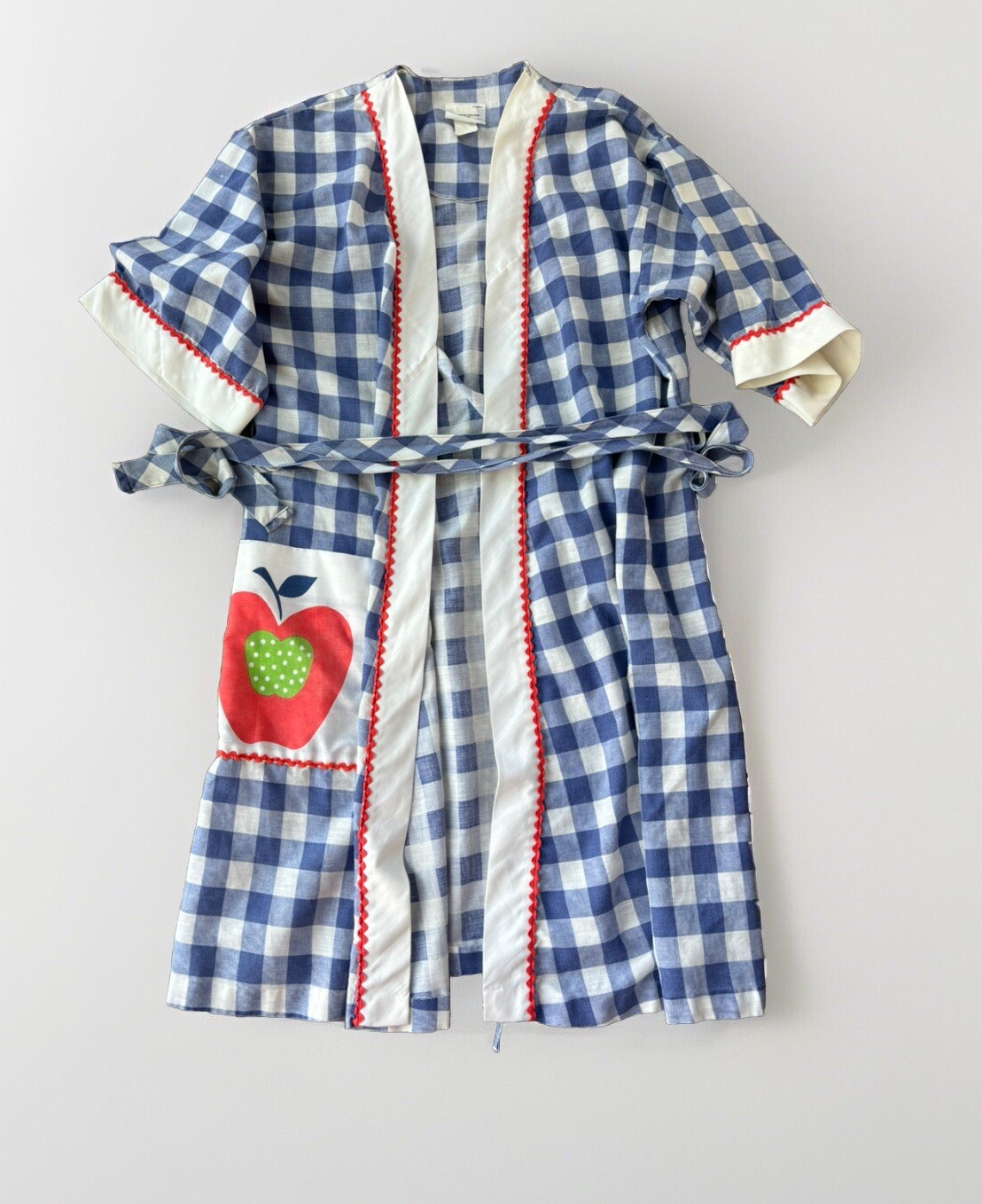 Vintage JCPenney Blue Check Cotton Robe Womens Size M Belted Pockets Americana