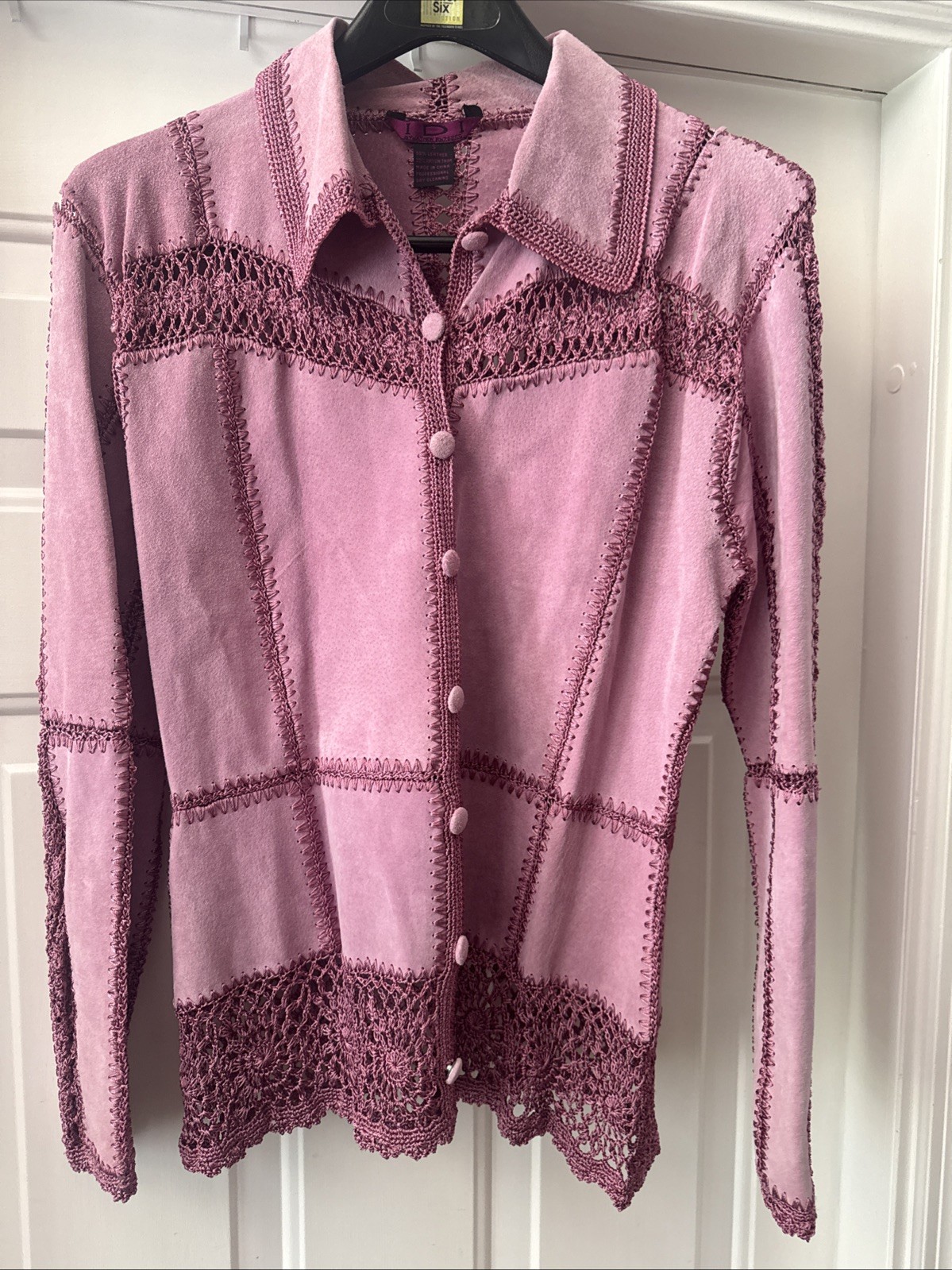 Vintage IDI by Matthew Mauve Pink Suede Leather Crochet Patchwork Jacket Size S